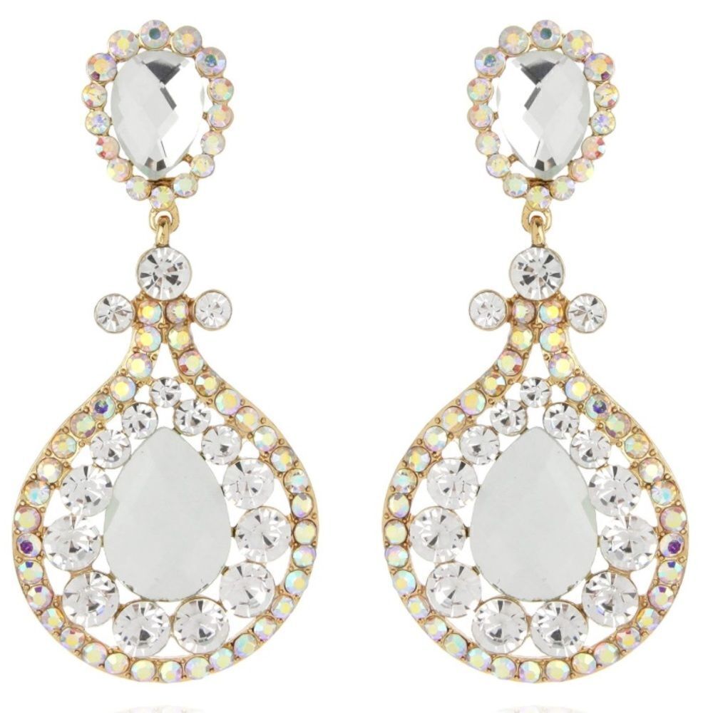 Yellow Gold with Diamond and AB Austrian Crystal Chandelier Clip On Earrings